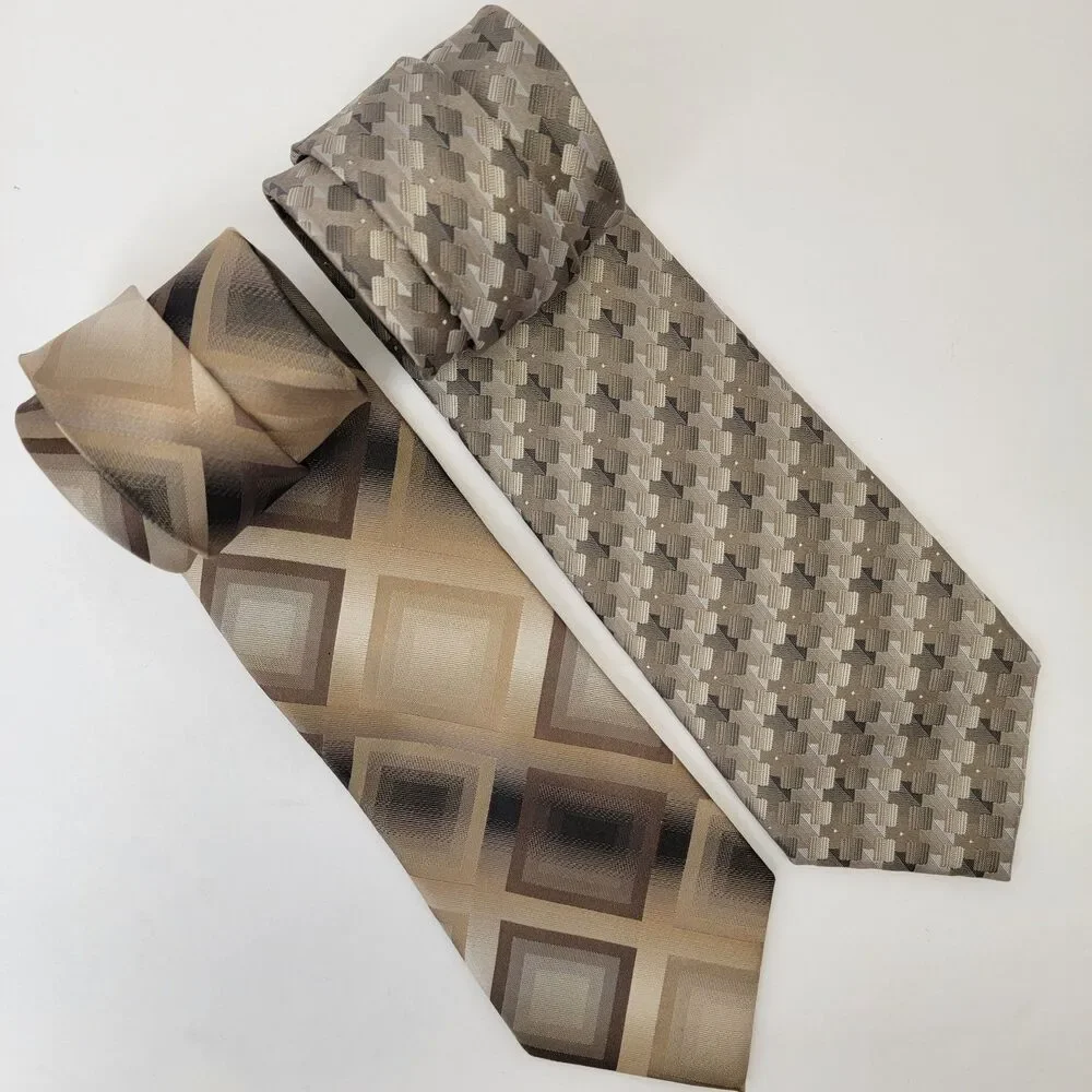Van Heusen Lot of 2 Handmade 100% Silk Gold/Silver Geometric Necktie 61x3.5
